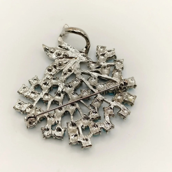 Silver Tone Blue Beading and Rhinestones Brooch 2" - Picture 3 of 5